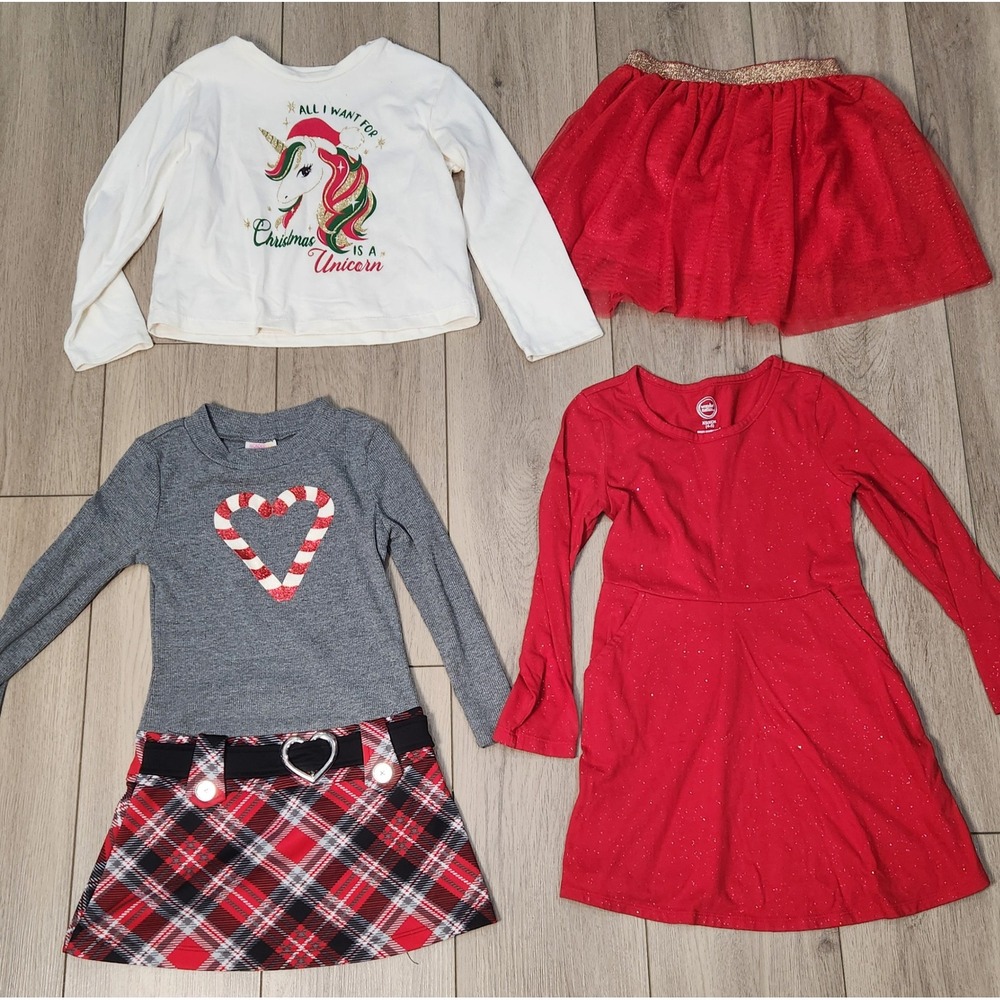 Girls Christmas Holiday Bundle Dress Unicorn Tutu Plaid Red 4/5T Christmas Party